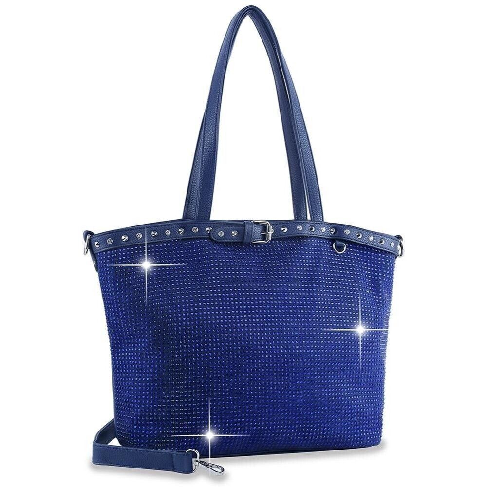 Belted Blue Rhinestone Covered Tote Bags for Women Bling Purse